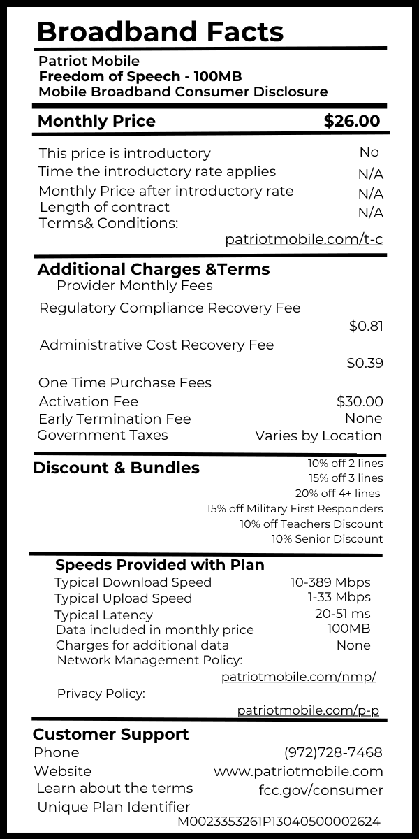 Freedom Of Speech 100MB broadband fact label