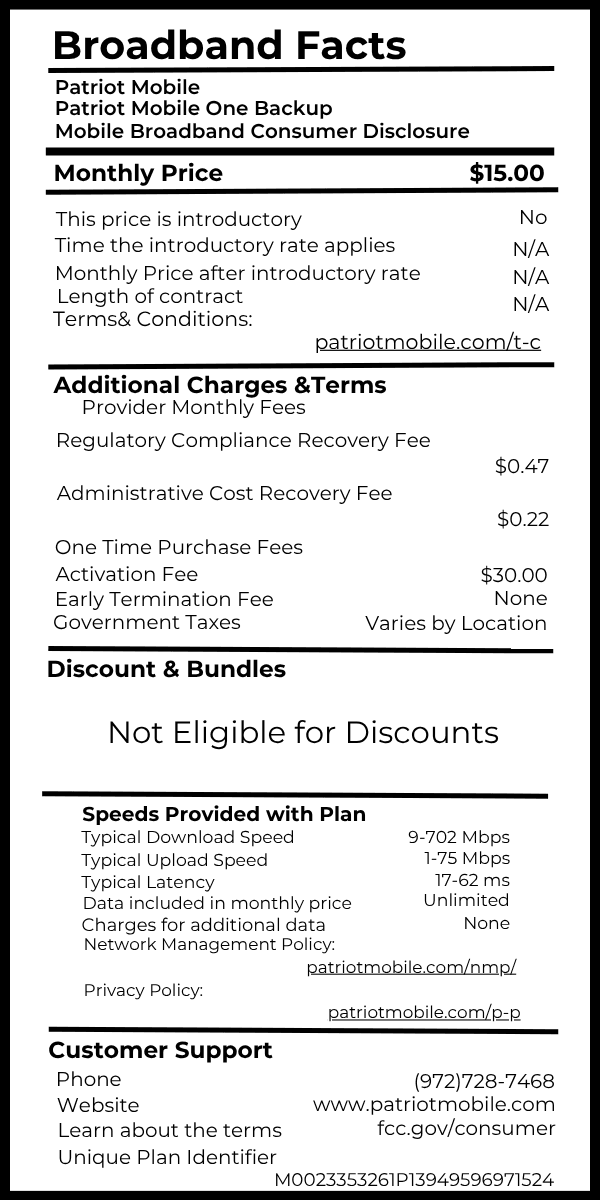 Patriot Mobile One Backup broadband fact label