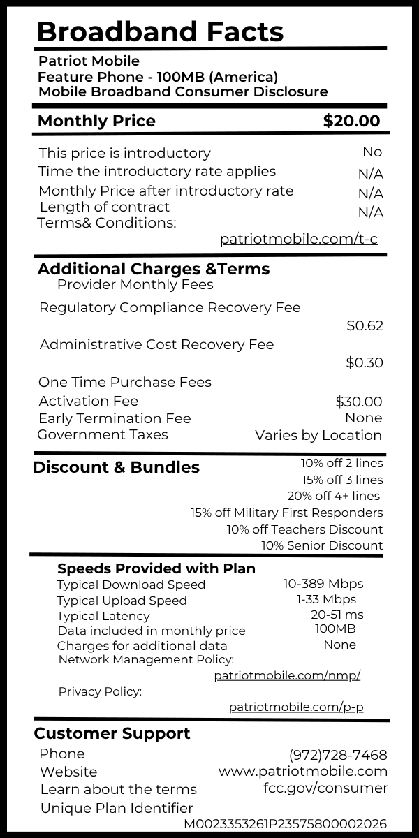 Feature Phone - 100MB (America) broadband fact label