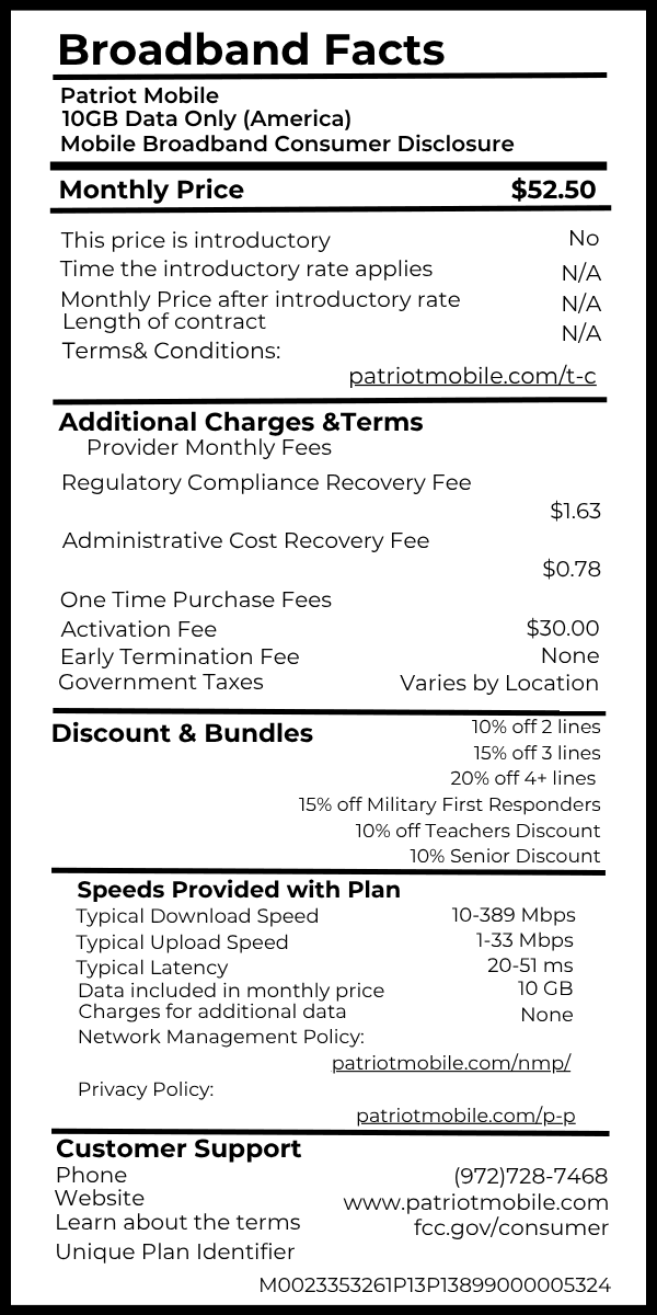 10GB Data Only (America) broadband fact label