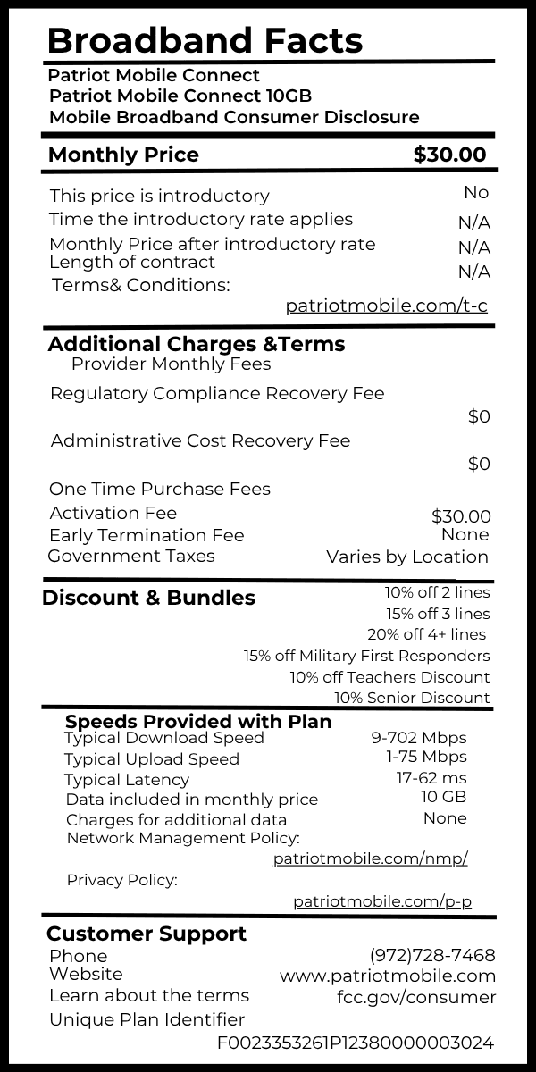 Patriot Mobile Connect 10GB broadband fact label