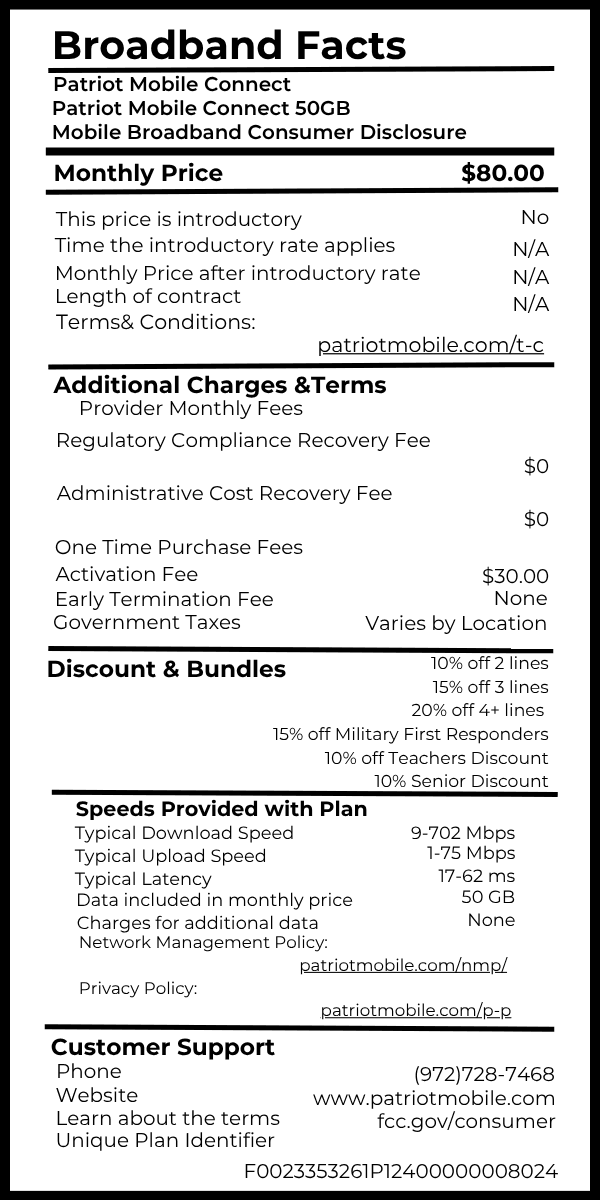 Patriot Mobile Connect 50GB broadband fact label
