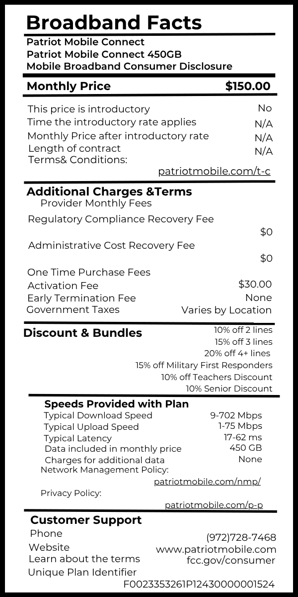 Patriot Mobile Connect 450GB broadband fact label