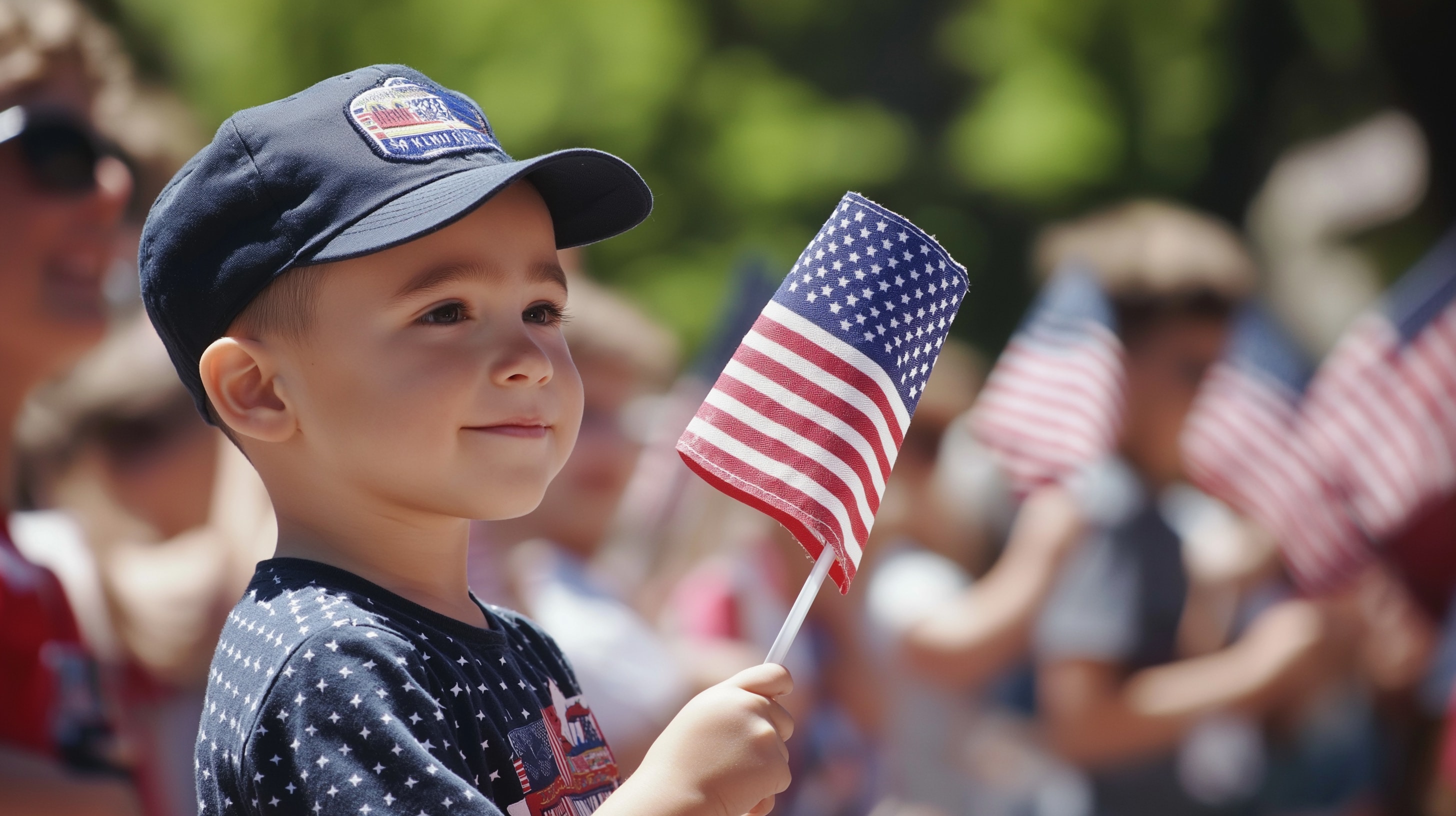 Child holding an American flag at a patriotic event